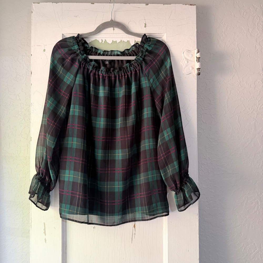Talbots Petite Green Plaid Metallic Ruffle Neck Blouse SP Green Navy Shimmer